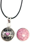 Army Wife Pink Heart Snap on 18" Leather Rope Diamond Pendant Necklace W/ Extra 18MM - 20MM Snap Charm
