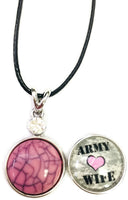 Army Wife Pink Heart Snap on 18" Leather Rope Diamond Pendant Necklace W/ Extra 18MM - 20MM Snap Charm