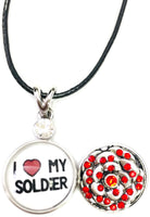 I Love My Soldier Snap on 18" Leather Rope Diamond Pendant Necklace W/ Extra 18MM - 20MM Snap Charm
