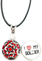 I Love My Soldier Snap on 18" Leather Rope Diamond Pendant Necklace W/ Extra 18MM - 20MM Snap Charm