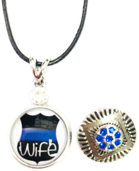 Wife Badge Officer Thin Blue Line Snap on 18" Leather Rope Diamond Pendant Necklace W/ Extra 18MM - 20MM Snap Charm