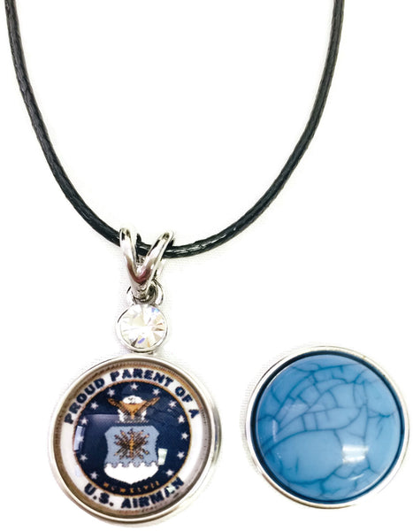 Air Force Airman Parent Snap on 18" Leather Rope Diamond Pendant Necklace W/ Extra 18MM - 20MM Snap Charm