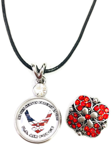 My Son Serves Proudly In US Air Force Snap on 18" Leather Rope Diamond Pendant Necklace W/ Extra 18MM - 20MM Snap Charm