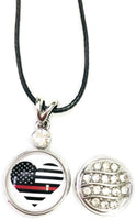 USA American Flag Heart America Firefighter Thin Red Line Snap on 18" Leather Rope Diamond Pendant Necklace W/ Extra 18MM - 20MM Snap Charm