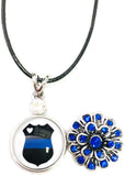 Heart In Badge Sheriff Police Officer Thin Blue Line Snap on 18" Leather Rope Diamond Pendant Necklace W/ Extra 18MM - 20MM Snap Charm