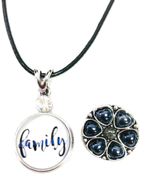 Family Officer Thin Blue Line Snap on 18" Leather Rope Diamond Pendant Necklace W/ Extra 18MM - 20MM Snap Charm