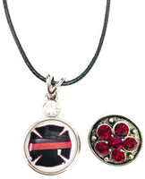 Fire Department Shield Firefighter Thin Red Line Snap on 18" Leather Rope Diamond Pendant Necklace W/ Extra 18MM - 20MM Snap Charm