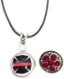 Fire Department Shield Firefighter Thin Red Line Snap on 18" Leather Rope Diamond Pendant Necklace W/ Extra 18MM - 20MM Snap Charm
