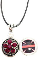 Fire Department Shield Firefighter Thin Red Line Snap on 18" Leather Rope Diamond Pendant Necklace W/ Extra 18MM - 20MM Snap Charm