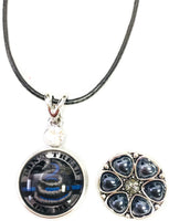 Dont Tread On Me Officer Thin Blue Line Snap on 18" Leather Rope Diamond Pendant Necklace W/ Extra 18MM - 20MM Snap Charm
