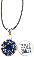 Proud Mom Navy Sailor Snap on 18" Leather Rope Diamond Pendant Necklace W/ Extra 18MM - 20MM Snap Charm