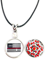 USA American Flag America Firefighter Thin Red Line Snap on 18" Leather Rope Diamond Pendant Necklace W/ Extra 18MM - 20MM Snap Charm