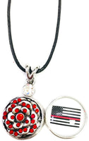 USA American Flag America Firefighter Thin Red Line Snap on 18" Leather Rope Diamond Pendant Necklace W/ Extra 18MM - 20MM Snap Charm