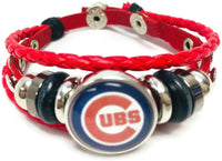 MLB Chicago Cubs Logo Red Leather Bracelet  With Bonus Extra 18MM - 20MM Charm For Baseball Fans