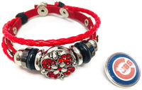 MLB Chicago Cubs Logo Red Leather Bracelet  With Bonus Extra 18MM - 20MM Charm For Baseball Fans