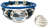 Thin Blue Line Officer Heart USA Flag Snap Blue Leather Bracelet  With Bonus Extra 18MM - 20MM Charm