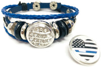 Thin Blue Line Officer Heart USA Flag Snap Blue Leather Bracelet  With Bonus Extra 18MM - 20MM Charm