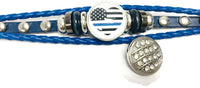 Thin Blue Line Officer Heart USA Flag Snap Blue Leather Bracelet  With Bonus Extra 18MM - 20MM Charm