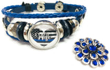 Thin Blue Line Officer Wife Heart USA Flag Snap Blue Leather Bracelet  With Bonus Extra 18MM - 20MM Charm