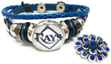 MLB Tampa Bay Rays Logo Blue Leather Bracelet  With Bonus Extra 18MM - 20MM Charm For Baseball Fans
