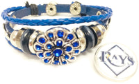 MLB Tampa Bay Rays Logo Blue Leather Bracelet  With Bonus Extra 18MM - 20MM Charm For Baseball Fans