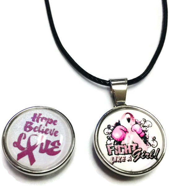 Fight Like A Girl Hope Believe Love Pink Ribbon Breast Cancer Awareness Cure Pendant Necklace  W/2 18MM - 20MM Snap Charms