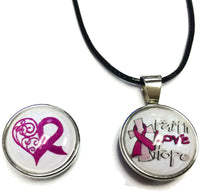 Faith Love Hope Heart Pink Ribbon Breast Cancer Awareness Support Cure Pendant Necklace  W/2 18MM - 20MM Snap Charms