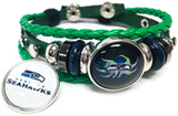 NFL Football Fan Seattle Seahawks On Green Leather Bracelet W/ Logo And Burst 18MM - 20MM Snap Charms