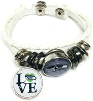 NFL Football Fan Seattle Seahawks On White Leather Bracelet W/ Logo and Love 18MM - 20MM Snap Charms