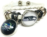 NFL Football Fan Seattle Seahawks On White Leather Bracelet W/ Logo Burst 18MM - 20MM Snap Charms
