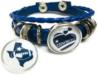 NFL Football Fan Dallas Cowboys Blue Leather Bracelet W/  Heart and Texas State 18MM - 20MM Snap Charms