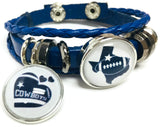 NFL Football Fan Dallas Cowboys Blue Leather Bracelet W/  Heart and Texas State 18MM - 20MM Snap Charms