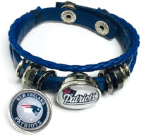 NFL Football Fan New England Patriots Blue Leather Bracelet W/ Circle and Logo 18MM - 20MM Snap Charms