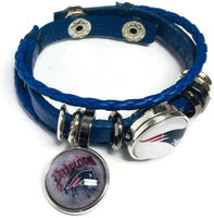 NFL Football Fan New England Patriots Blue Leather Bracelet W/ Cool Logo Patriot 18MM - 20MM Snap Charms