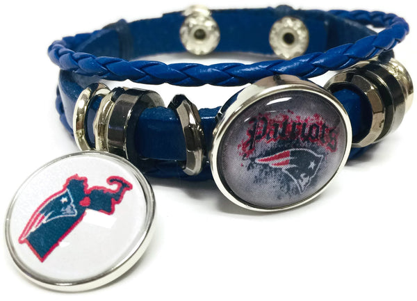 NFL Football Fan New England Patriots Blue Leather Bracelet W/ Cool Logo And State 18MM - 20MM Snap Charms