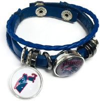 NFL Football Fan New England Patriots Blue Leather Bracelet W/ Cool Logo And State 18MM - 20MM Snap Charms