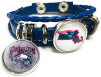 NFL Football Fan New England Patriots Blue Leather Bracelet W/ Cool Logo And State 18MM - 20MM Snap Charms
