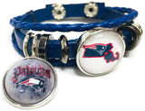 NFL Football Fan New England Patriots Blue Leather Bracelet W/ Cool Logo And State 18MM - 20MM Snap Charms