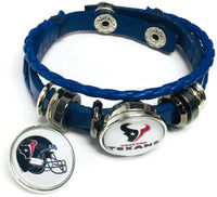 NFL Football Fan Houston Texans Blue Leather Bracelet W/ Logo And Helmet 18MM - 20MM Snap Charms