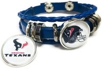 NFL Football Fan Houston Texans Blue Leather Bracelet W/ Logo And Helmet 18MM - 20MM Snap Charms