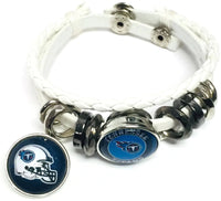 NFL Football Fan Tennessee Titans White Leather Bracelet W/ Circle Logo & Blue Helmet 18MM - 20MM Snap Charms