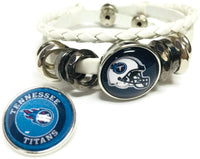 NFL Football Fan Tennessee Titans White Leather Bracelet W/ Circle Logo & Blue Helmet 18MM - 20MM Snap Charms