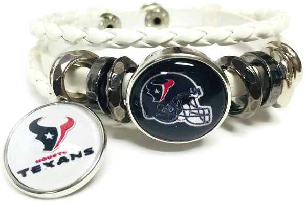 NFL Football Fan Houston Texans White Leather Bracelet W/ Logo & Blue Helmet 18MM - 20MM Snap Charms
