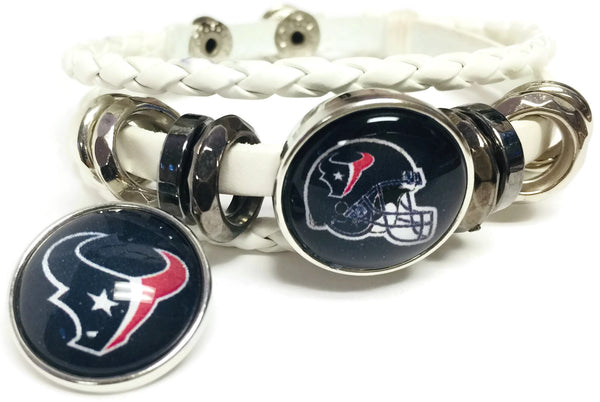 NFL Football Fan Houston Texans White Leather Bracelet W/ Blue Logo & Blue Helmet 18MM - 20MM Snap Charms
