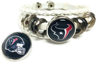 NFL Football Fan Houston Texans White Leather Bracelet W/ Blue Logo & Blue Helmet 18MM - 20MM Snap Charms