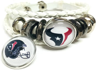 NFL Houston Texans Football Fan White Leather Bracelet W/ Logo & Helmet 18MM - 20MM Snap Charms