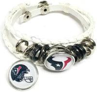 NFL Houston Texans Football Fan White Leather Bracelet W/ Logo & Helmet 18MM - 20MM Snap Charms