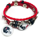 NFL Houston Texans Football Fan Red Leather Bracelet W/ Logo & Helmet 18MM - 20MM Snap Charms
