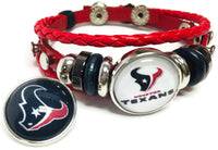 NFL Houston Texans Football Fan Red Leather Bracelet W/ Texans Logo & Blue Logo 18MM - 20MM Snap Charms