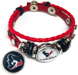 NFL Houston Texans Football Fan Red Leather Bracelet W/ Texans Logo & Blue Logo 18MM - 20MM Snap Charms